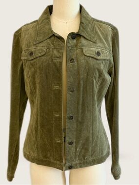 Passport Sage Green Suede Button-Front Jean Jacket